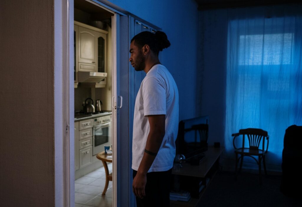 A man standing in silence inside his house